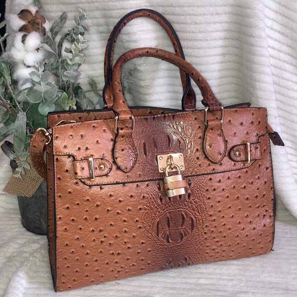 Handbags - Dasein Elegant Brown croc and ostrich embossed hand bag